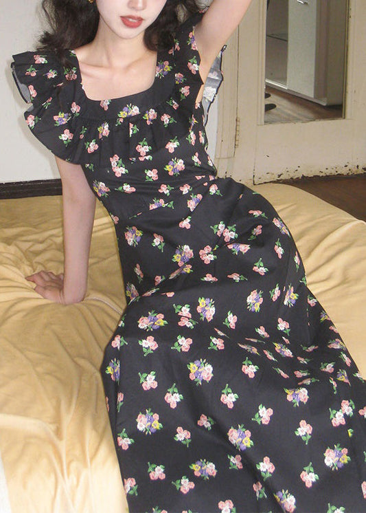 Elegantes gelbes, ärmelloses langes Baumwollkleid mit Rüschendruck