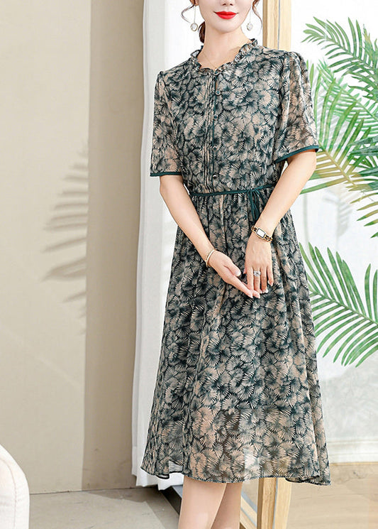 Elegante Gelb Rüschen Print Lace Up Chiffon Kleider Sommer