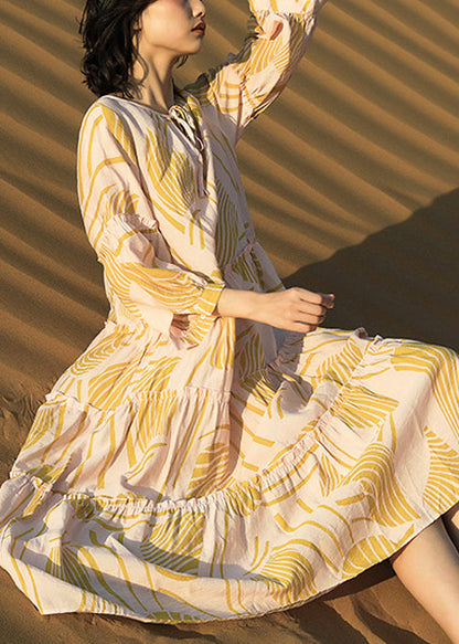 Elegant Yellow Ruffled Print Lace Up Cotton Long Dresses Half Sleeve
