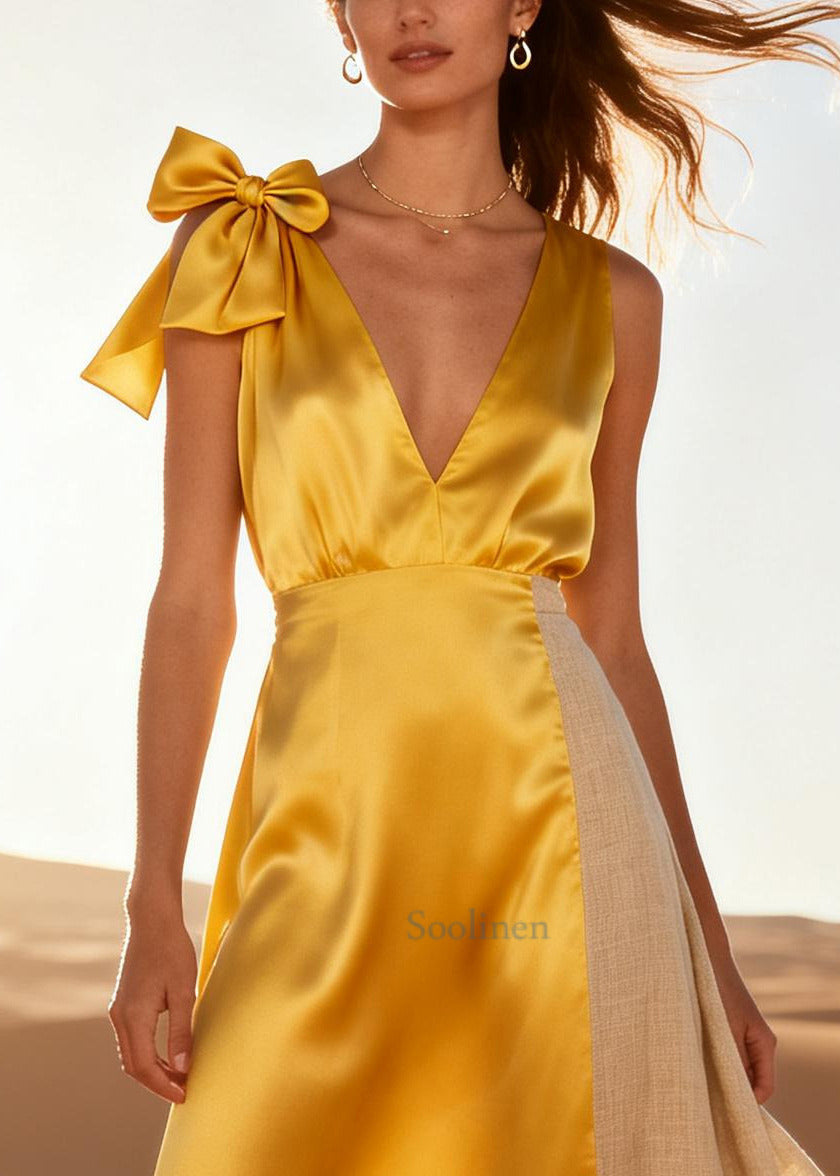 Elegant Yellow V Neck Patchwork Linen Silk Holiday Dress Summer