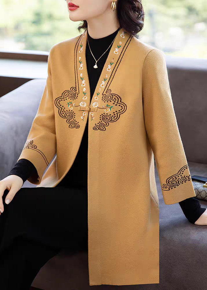 Eleganter gelber Wollmantel mit V-Ausschnitt, Taschen und Dreiviertelärmeln