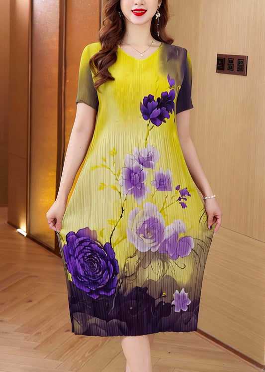 Elegant Yellow V Neck Print Long Dress Summer