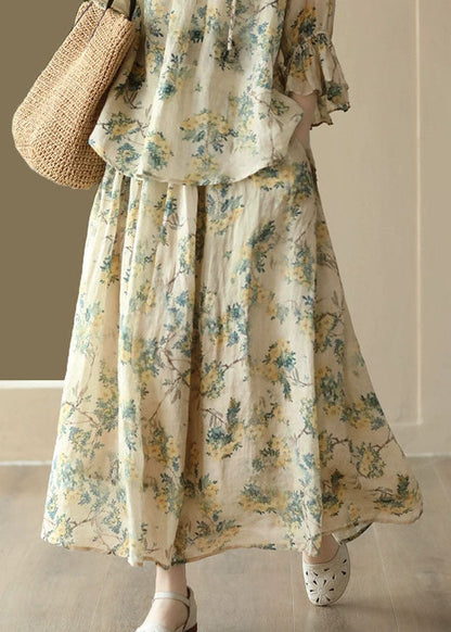 Falda de lino con estampado de patchwork y bolsillos arrugados en amarillo elegante para verano