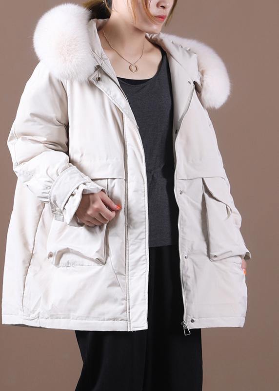 Elegant beige down coat winter Loose fitting fur collar zippered Fine overcoat - SooLinen