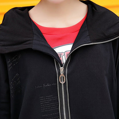 Elegante schwarze Mäntel plus Größe Kapuzenmantel Mode Reißverschluss Kordelzug lange Jacken