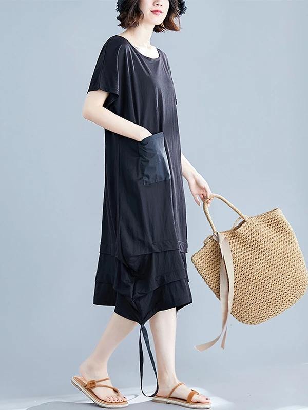 Elegant black Cotton clothes o neck asymmetric shift summer Dresses - SooLinen