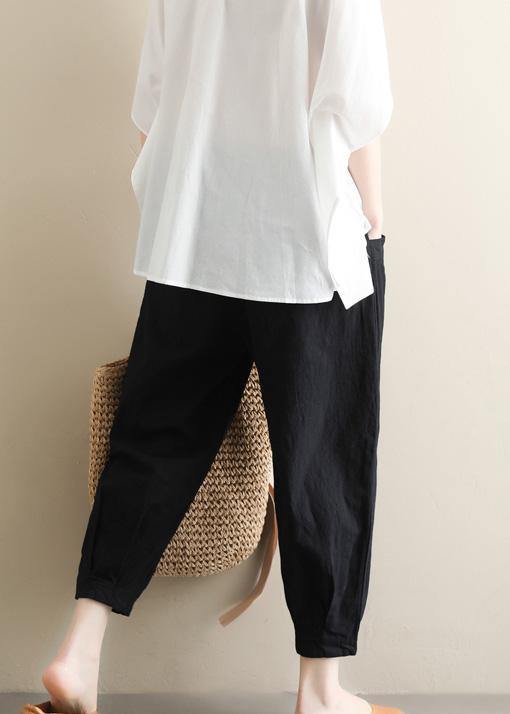 Elegant black Jeans  elastic waist asymmetric Fabrics casual pants - SooLinen