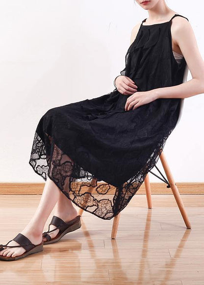 Elegant black Lace Tunics Fine design sleeveless Art summer Dresses - SooLinen