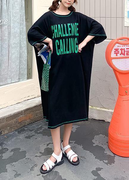 Elegant black Letter Wardrobes o neck baggy Maxi summer Dress - SooLinen