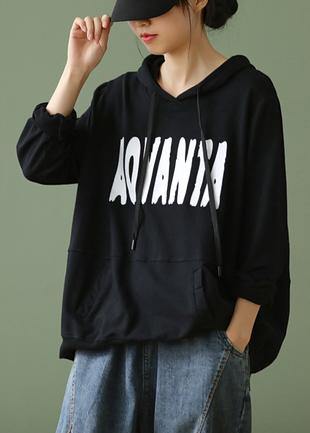 Elegant black Letter crane tops hooded drawstring cotton shirts - SooLinen