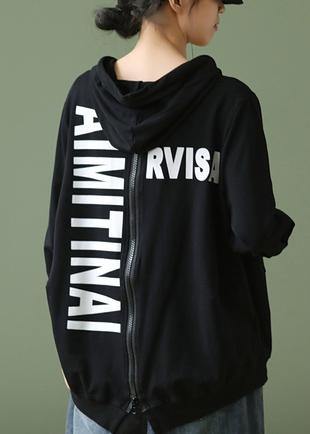 Elegant black Letter crane tops hooded drawstring cotton shirts - SooLinen