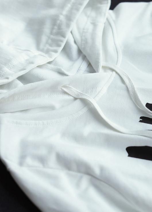 Elegant black Letter crane tops hooded drawstring cotton shirts - SooLinen