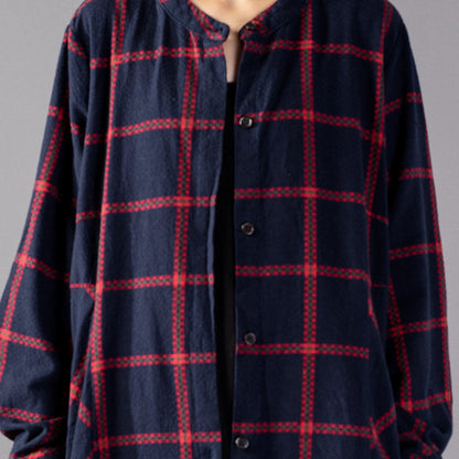 Eleganter schwarzer karierter Maximantel, trendiger Stehkragen in Übergröße, Winter-Boutique-Taschenmäntel