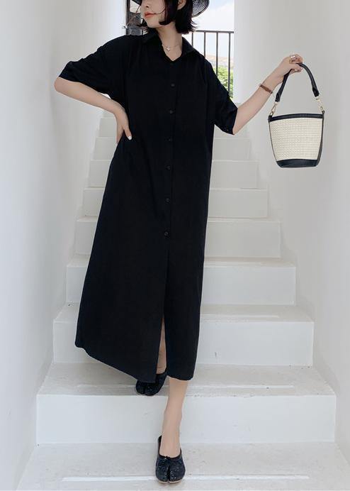 Elegant black back open cotton tunics for women lapel collar Art summer Dress - SooLinen