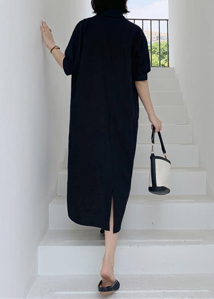 Elegant black back open cotton tunics for women lapel collar Art summer Dress - SooLinen