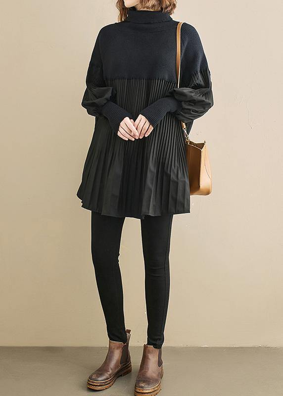 Elegant black clothes For Women high neck Cinched oversized shirts - SooLinen