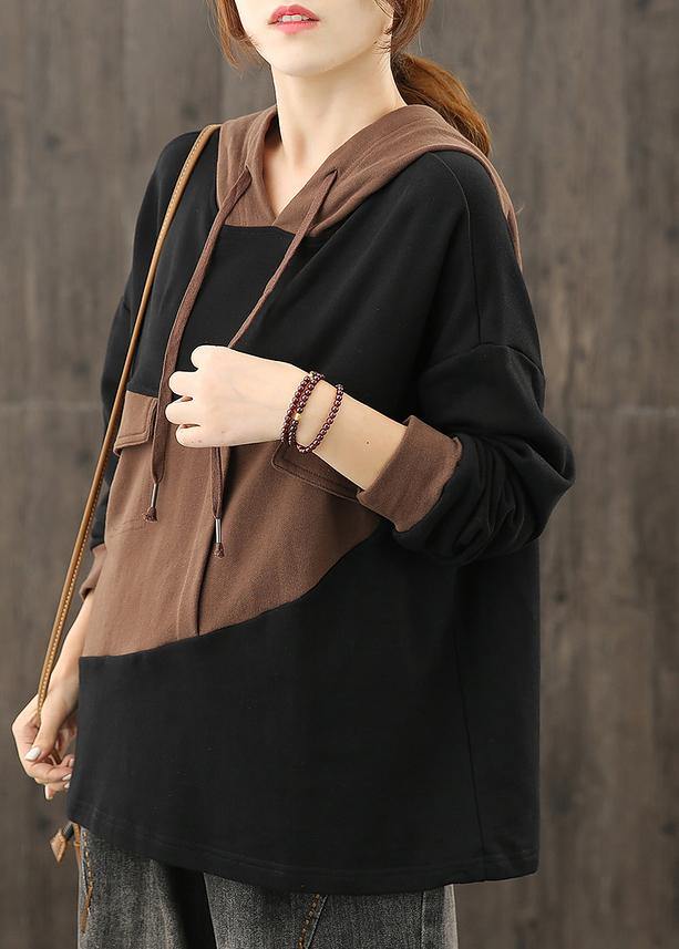 Elegant black clothes For Women hooded patchwork Midi tops - SooLinen