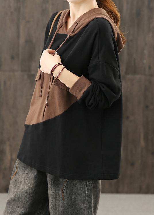 Elegant black clothes For Women hooded patchwork Midi tops - SooLinen