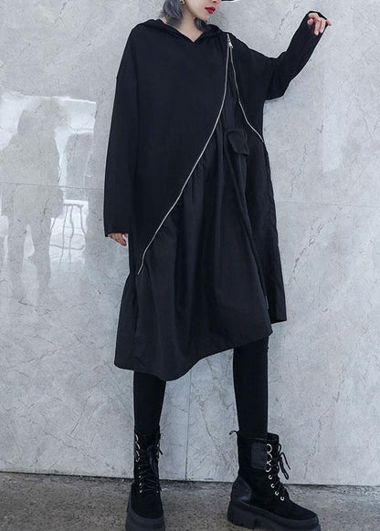 Elegant black cotton Wardrobes zippered long fall Dress - SooLinen