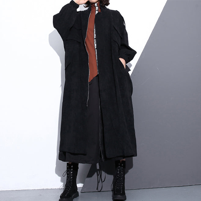 Eleganter schwarzer Mantel aus Baumwollmischung, locker sitzend, mit Reißverschluss, Wintermantel, Boutique, lange Ärmel, Taschen, Baggy-Maximantel