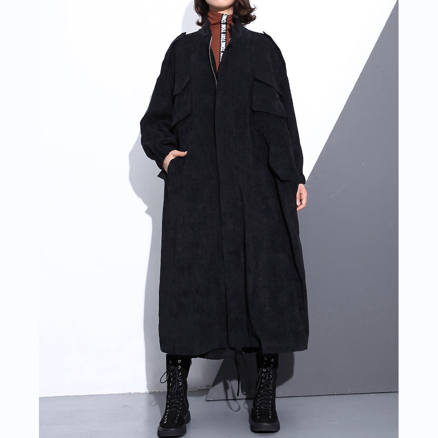 Eleganter schwarzer Mantel aus Baumwollmischung, locker sitzend, mit Reißverschluss, Wintermantel, Boutique, lange Ärmel, Taschen, Baggy-Maximantel