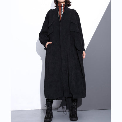 Eleganter schwarzer Mantel aus Baumwollmischung, locker sitzend, mit Reißverschluss, Wintermantel, Boutique, lange Ärmel, Taschen, Baggy-Maximantel
