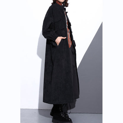 Eleganter schwarzer Mantel aus Baumwollmischung, locker sitzend, mit Reißverschluss, Wintermantel, Boutique, lange Ärmel, Taschen, Baggy-Maximantel
