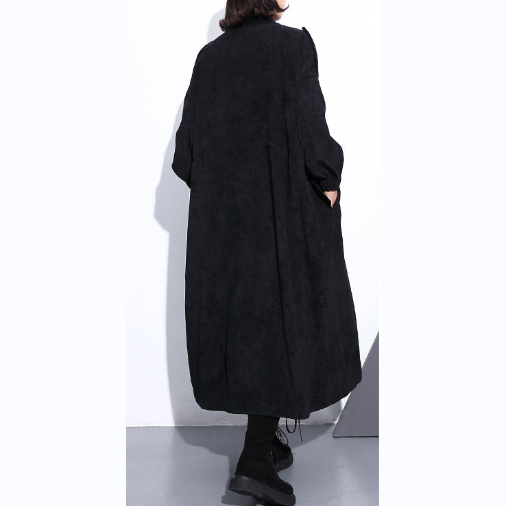 Eleganter schwarzer Mantel aus Baumwollmischung, locker sitzend, mit Reißverschluss, Wintermantel, Boutique, lange Ärmel, Taschen, Baggy-Maximantel