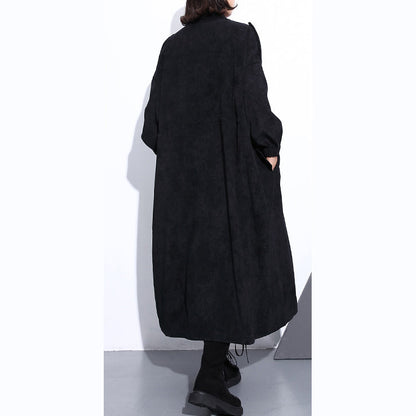 Eleganter schwarzer Mantel aus Baumwollmischung, locker sitzend, mit Reißverschluss, Wintermantel, Boutique, lange Ärmel, Taschen, Baggy-Maximantel
