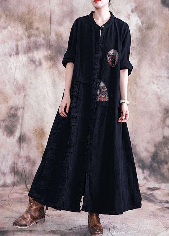 Elegant black cotton overcoat oversize trench coats fall linen outwear patchwork - SooLinen