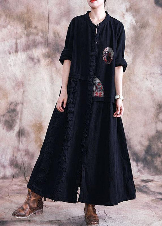 Elegant black cotton overcoat oversize trench coats fall linen outwear patchwork - SooLinen