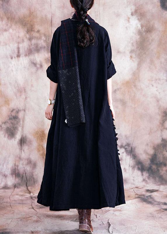Elegant black cotton overcoat oversize trench coats fall linen outwear patchwork - SooLinen