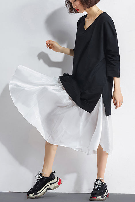 Elegante schwarze Baumwoll-Patchwork-Chiffon-Kleidung Metropolitan Museum Ideen O-Ausschnitt Kaftan Sommerkleid