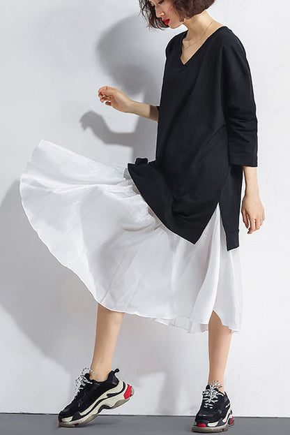 Elegante schwarze Baumwoll-Patchwork-Chiffon-Kleidung Metropolitan Museum Ideen O-Ausschnitt Kaftan Sommerkleid