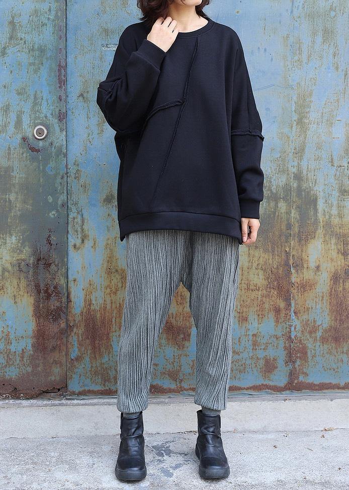 Elegant black cotton tops women o neck short patchwork Sweatshirt - SooLinen