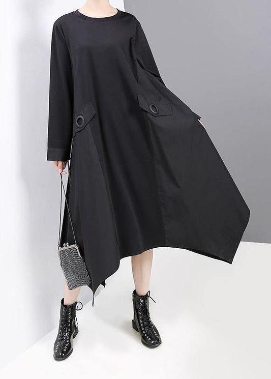 Elegant black cotton tunic dress asymmetric A Line fall Dress - SooLinen