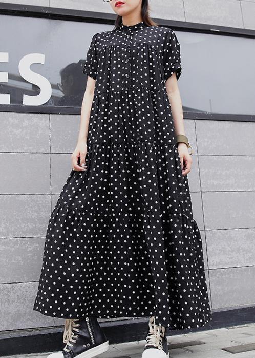 Elegant black dotted cotton clothes For Women stand collar exra large hem Maxi summer Dresses - SooLinen