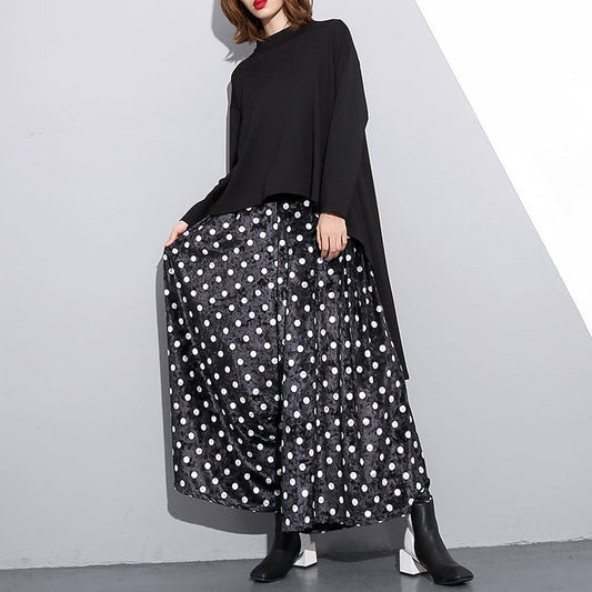 Elegante schwarz gepunktete Plus Size Kleidung elastische Taille Reisen Frauen weite Beinhose Baumwollhose