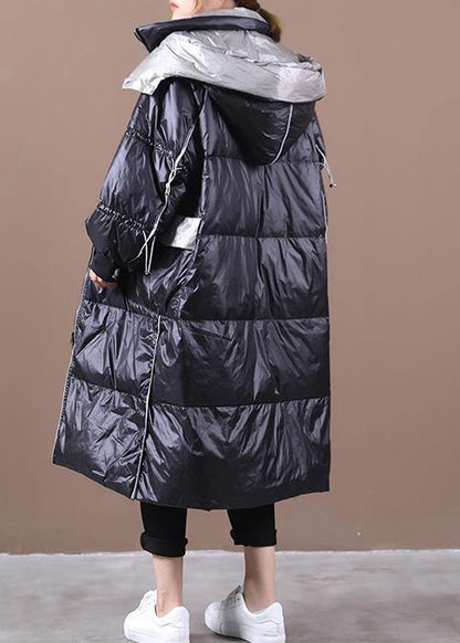 Elegant black down jacket woman plus size hooded patchwork Luxury winter outwear - SooLinen