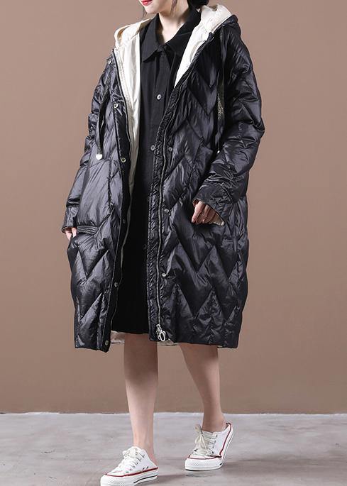 Elegant black duck down coat trendy plus size womens parka hooded zippered Warm overcoat - SooLinen