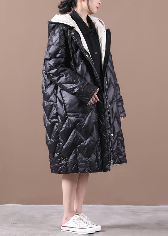 Elegant black duck down coat trendy plus size womens parka hooded zippered Warm overcoat - SooLinen