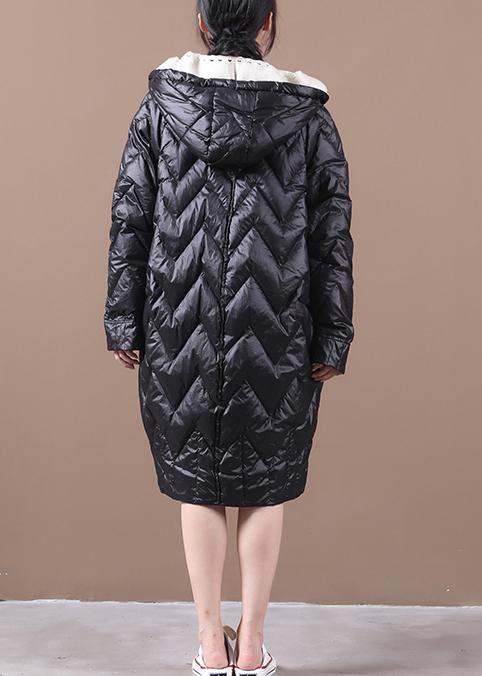 Elegant black duck down coat trendy plus size womens parka hooded zippered Warm overcoat - SooLinen