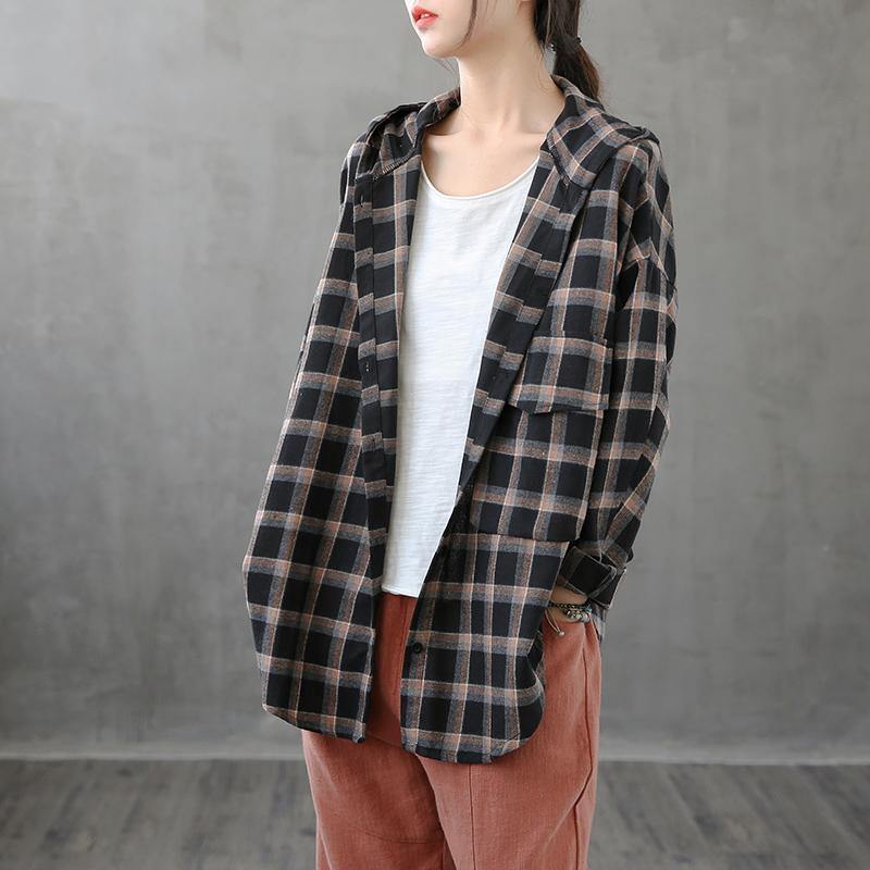 Elegant black orange plaid tunics for women lapel Button Down Plus Size Clothing tops - SooLinen
