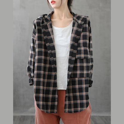 Elegant black orange plaid tunics for women lapel Button Down Plus Size Clothing tops - SooLinen