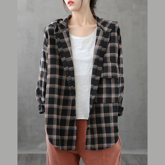 Elegant black orange plaid tunics for women lapel Button Down Plus Size Clothing tops - SooLinen