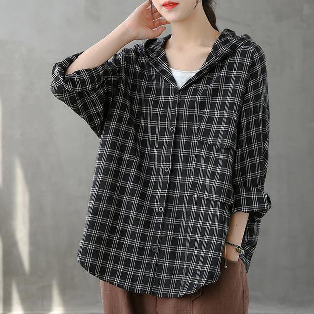 Elegant black orange plaid tunics for women lapel Button Down Plus Size Clothing tops - SooLinen