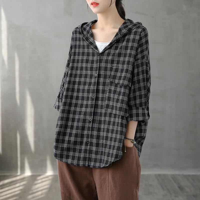 Elegant black orange plaid tunics for women lapel Button Down Plus Size Clothing tops - SooLinen