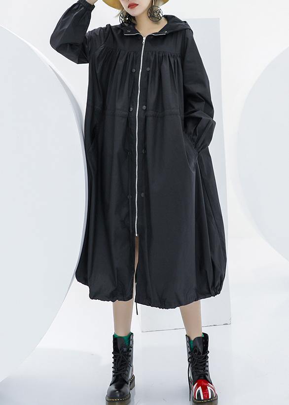 Elegant black oversized maxi coat hooded pockets zippered coat - SooLinen