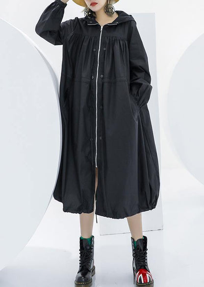 Elegant black oversized maxi coat hooded pockets zippered coat - SooLinen
