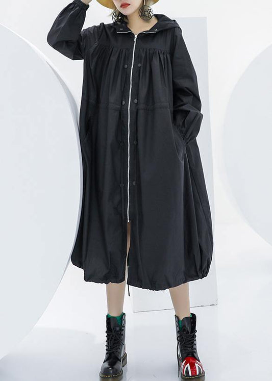 Elegant black oversized maxi coat hooded pockets zippered coat - SooLinen